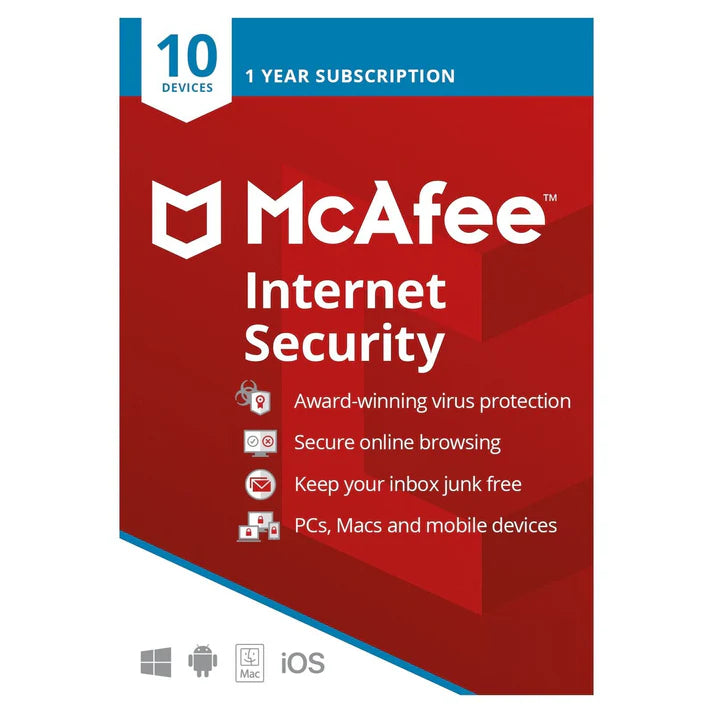 McAfee Internet Security 2025 - 10 Device - GLOBAL Key - Antivirus Software - Activation Windows/Mac/Android/iOS 1 Year Subscription